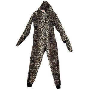 NICK & NORA Leopard PJ One Piece Womens Size S Hooded Gloves Paws Cat Animal Zip